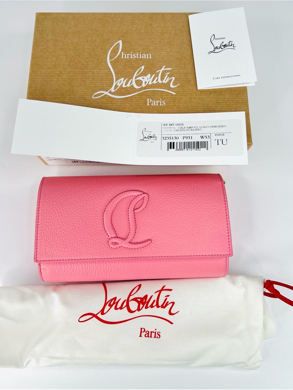 CHRISTIAN LOUBOUTIN By My Side Calipso Pink Calf Leather Logo Wallet Gold Chain - Picture 2 of 16